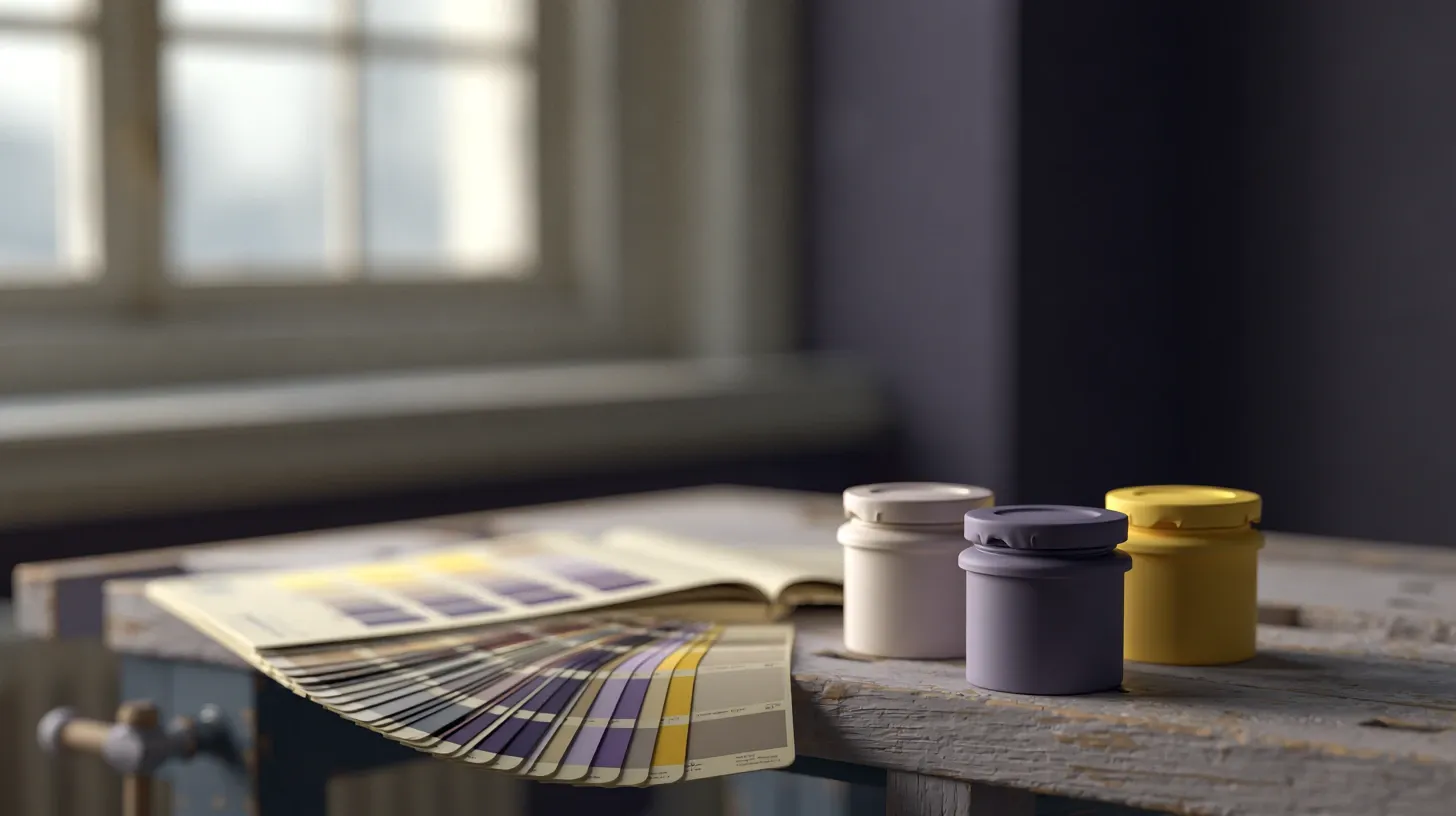 Ambiance : nuancier et pots de peinture posés sur un plan de travail